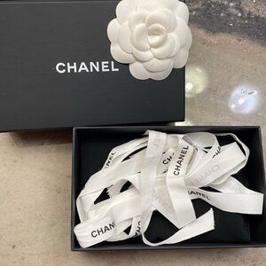 Authentic Chanel small box, velvet dust bag, camellia flower and ribbon